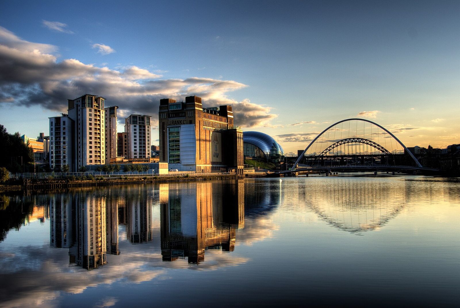 Newcastle Quayside at dusk with the Millennium and Tyne bridges