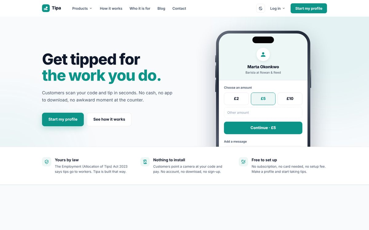 Tipa.me home page: Get tipped for the work you do